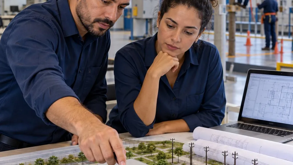 Equipe analisando maquete de projeto de centro de treinamento