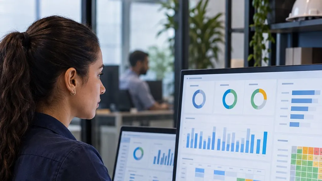 Profissional analisando painel de indicadores de treinamento no monitor