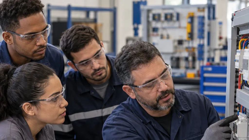 Instrutor orientando turma de eletricistas em bancada de laboratório