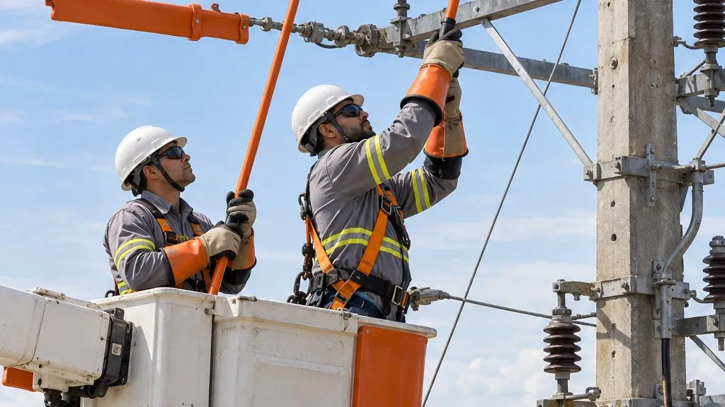 Equipe em plataforma isolada executando manutenção em linha viva de distribuição