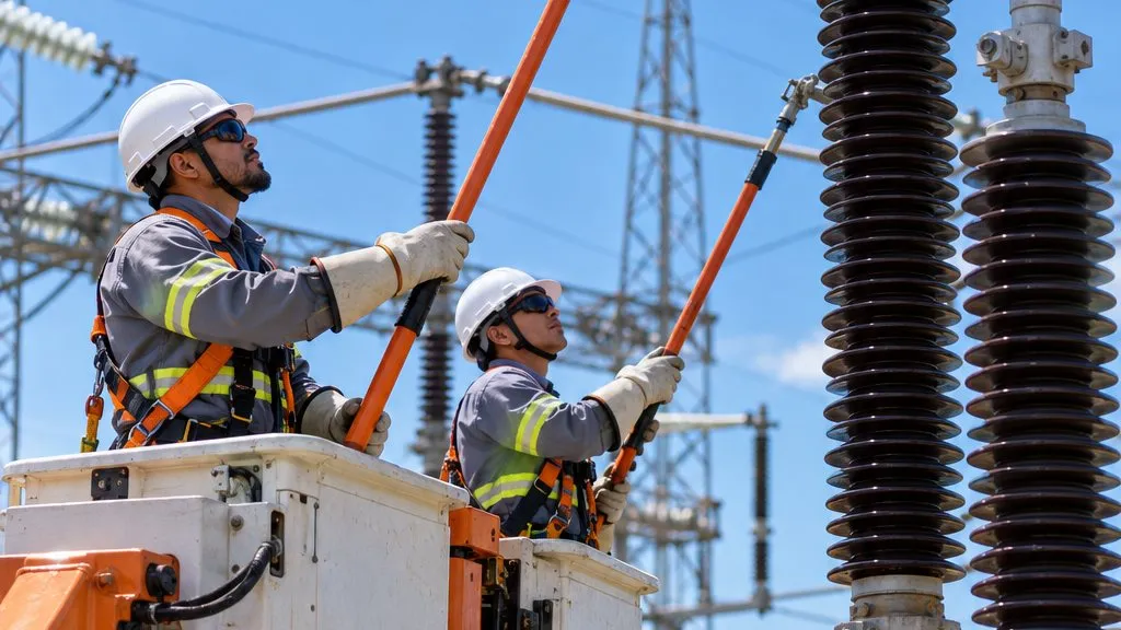 Eletricistas em manutenção energizada dentro de pátio de subestação