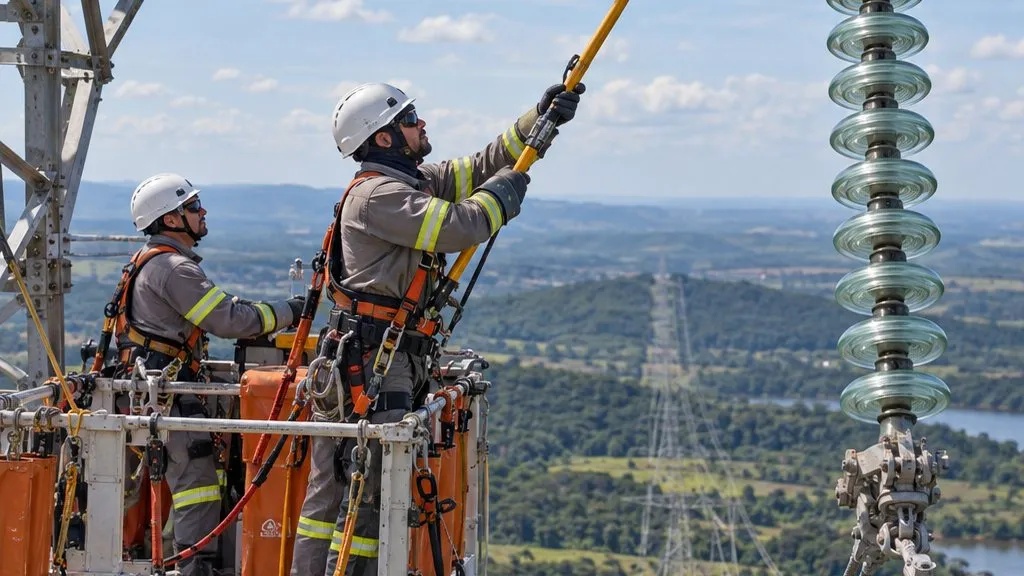 Eletricistas em cesto aéreo executando manutenção em linha de transmissão energizada