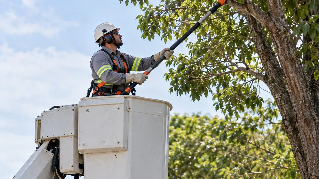 Eletricista em cesto aéreo executando poda de árvore junto à rede de distribuição