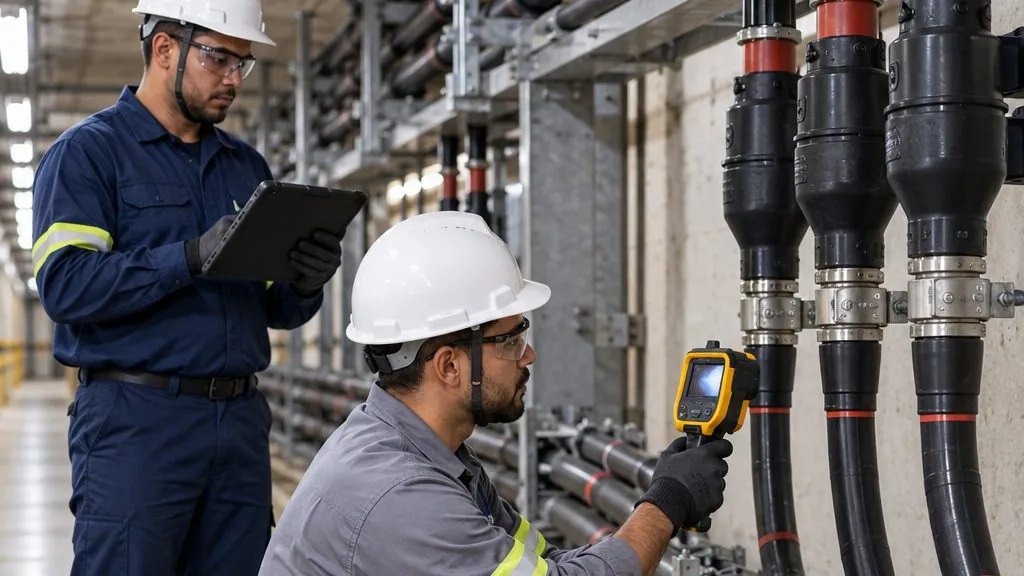 Técnico com câmera termográfica inspecionando cabos de rede subterrânea